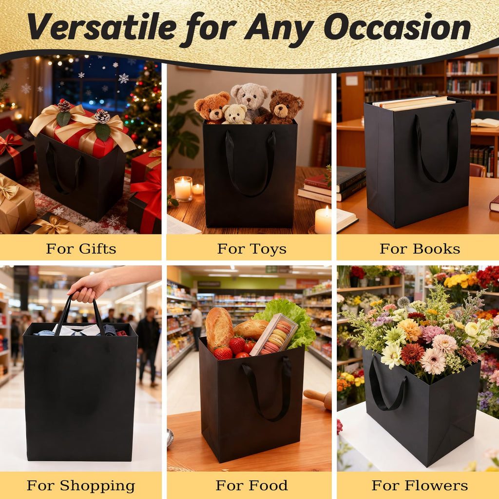 Addblu 10Pack Black Gift Bags with Handles, Medium Size 8x5x10 Inches - Includes 10 Tissue Papers for Birthday Party, Wedding, Baby Shower & Christmas (Small - 10Pcs)