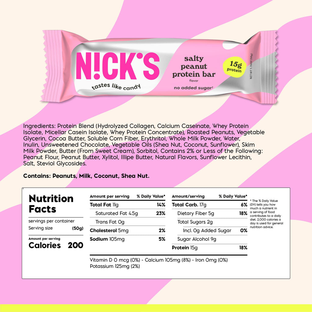 NICKS Protein Bars Salty Peanut Chocolate – 12-Count Box | 15g protein | 200 calories | Protein-Packed Snack, Low Calories, Low Carbs, Keto Friendly, No Added Sugar