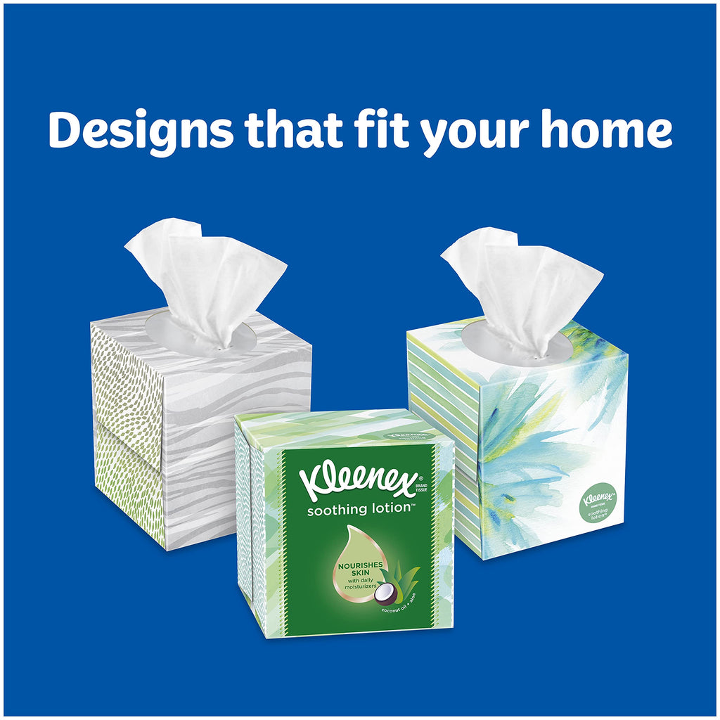 Kleenex Soothing Lotion Tissues with Aloe, Coconut Oil and Vitamin E, 4 cube boxes, 1 Cube Box containe 85 Tissues. Total of 340 Tissues. Assortment Colors.