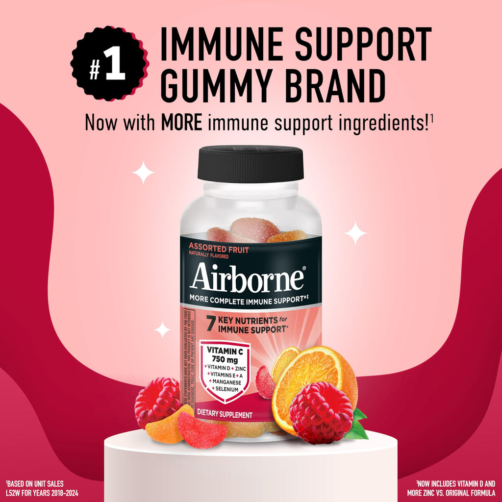 Airborne Immune Support Gummies, Assorted Fruit Flavor, 63 Ct - 750 mg Vitamin C + Vitamins A, D & E + Zinc, Selenium, and Manganese | with Herbal Blend | Naturally Flavored