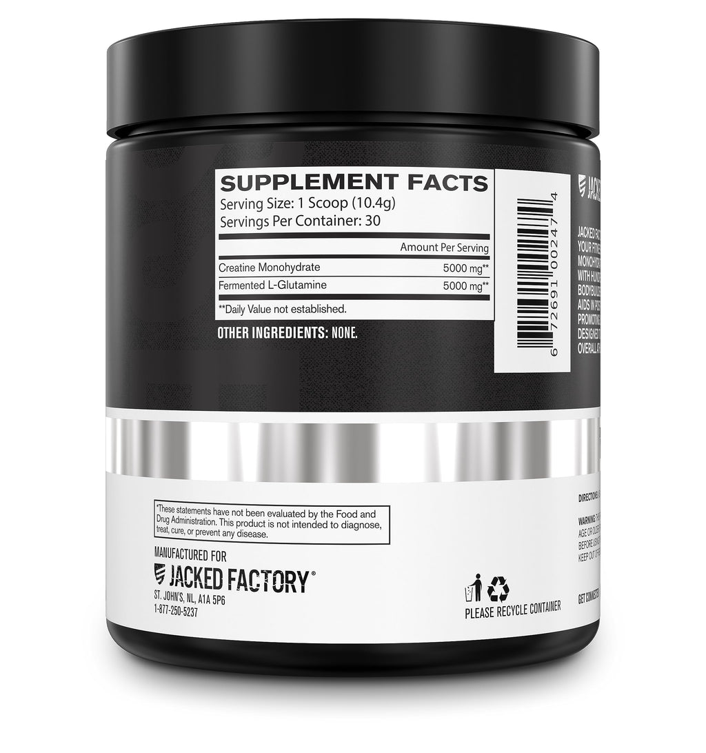 Jacked Factory Creatine + Glutamine - Creatine Supplement with L-Glutamine for Muscle Recovery, Muscle Growth, Increased Strength, Enhanced Energy Output, and Gut Health - 30 Servings, Unflavored