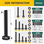 Mywish 254Pcs Nuts and Bolts, 1/4 20 5/16 18 3/8 16 Bolt, Heavy Duty 304 Stainless Steel Bolts and Nuts Kit with Flat Spring Washers, Fully Threaded & Black Oxided, 10 Common Size