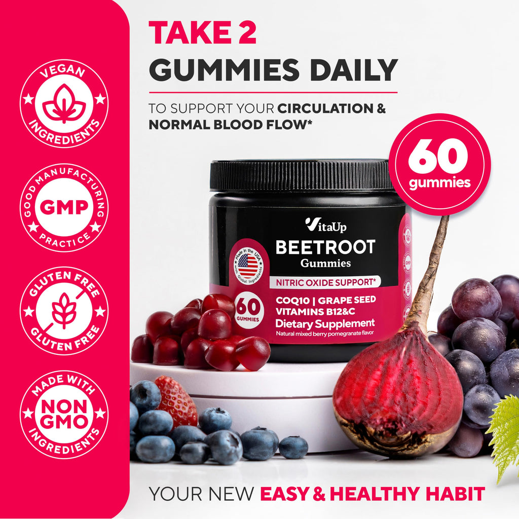 VitaUp Beet Root Gummies – Beetroot Supplement with CoQ10, Grape Seed, Vitamin C, B12 & B3 – Nitric Oxide Gummies for Circulation Support – Beet Supplement for Energy & Immune Support – 60 Beets Chews