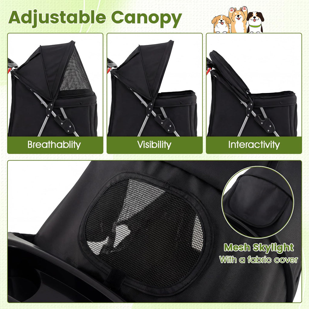 PETSITE 3-Wheel Pet Stroller, Foldable Dog Strollers for Small Dogs with Breathable Mesh, Waterproof Cover, All-Terrain Wheels, Cup Holder, and Storage Basket, Ideal for Dogs Cats up to 33 lbs (Black)