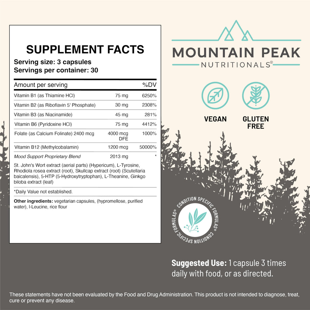 Mountain Peak Nutritionals Mood Support Formula - Supports Serotonin Levels - Hypoallergenic Dietary Supplement (90 Vegetarian Capsules)