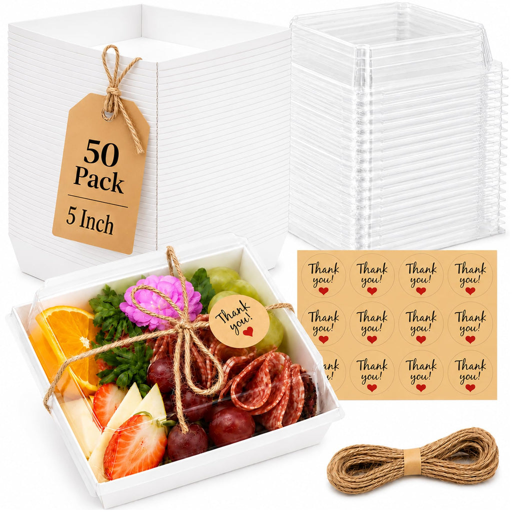 50 Pack 5in Small Charcuterie Boxes with Clear Lids, Mini Paper Containers