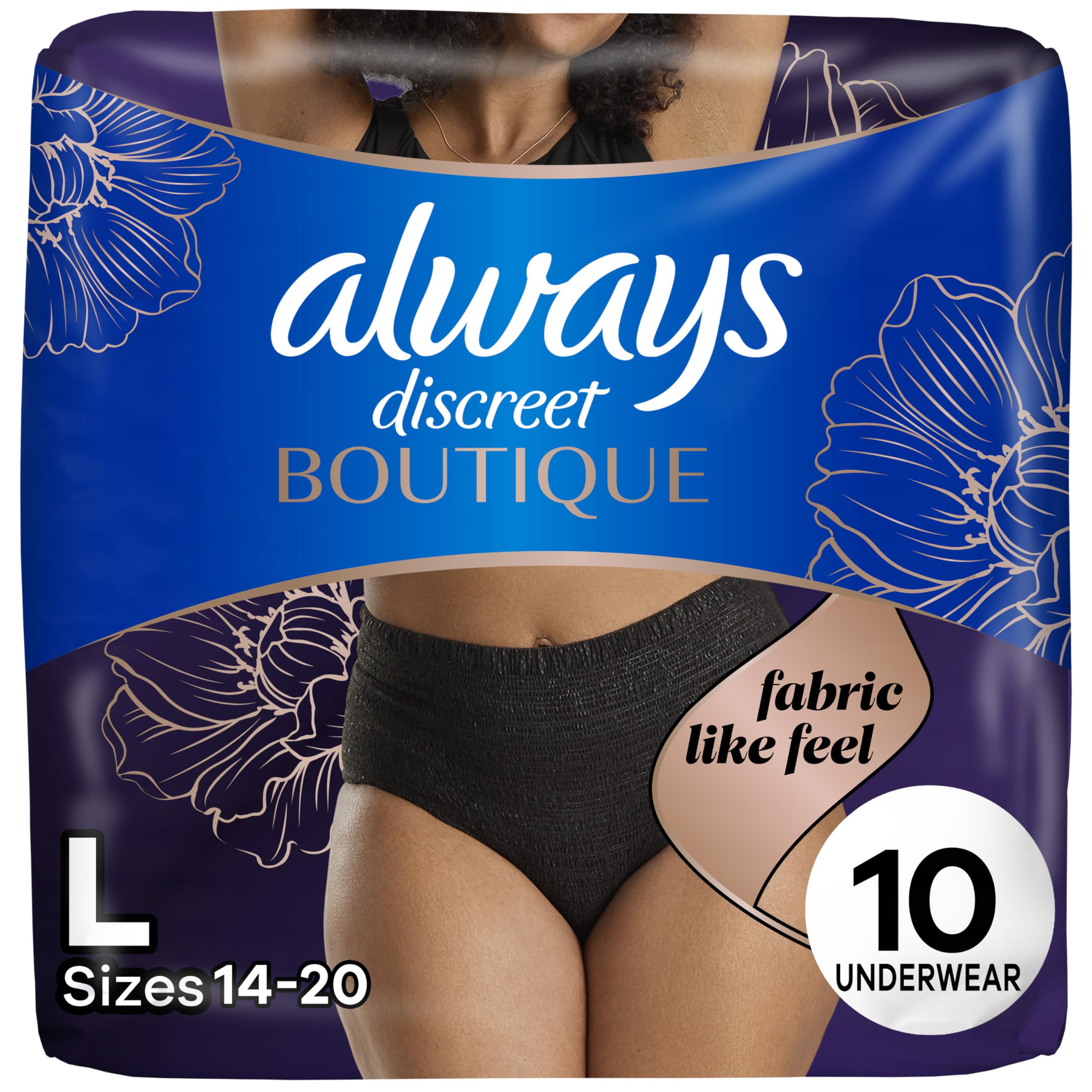 Always Discreet Boutique Incontinence and Postpartum Underwear for Women, Maximum Protection, Large, Black, 10 Count