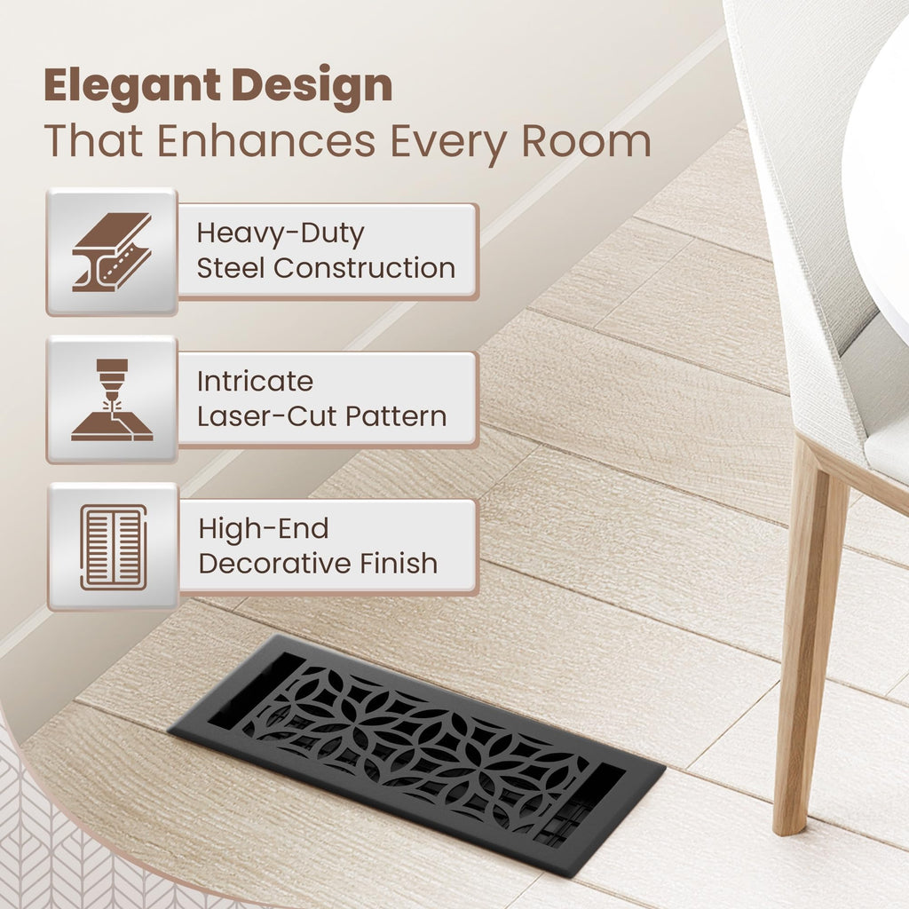Floor Vent Covers – 4x10 Floor Register – 8 Pack – Heavy-Duty Steel, Rustproof & Walkable Grates, Drop-in Install, Adjustable Airflow – Decorative Floral Design, Textured Black