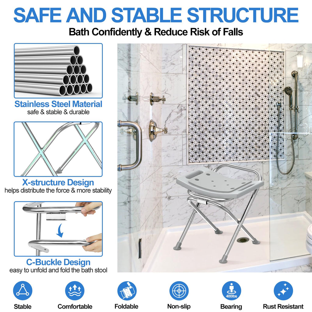 UGarden Folding Shower Chair Seat, 17.5" Stainless Steel Small Shower Chair for Inside Shower with Pad, 400lbs Portable Travel Shower Stool, Safety Anti-Slip Bath Chair for Seniors, Disabled, Gray