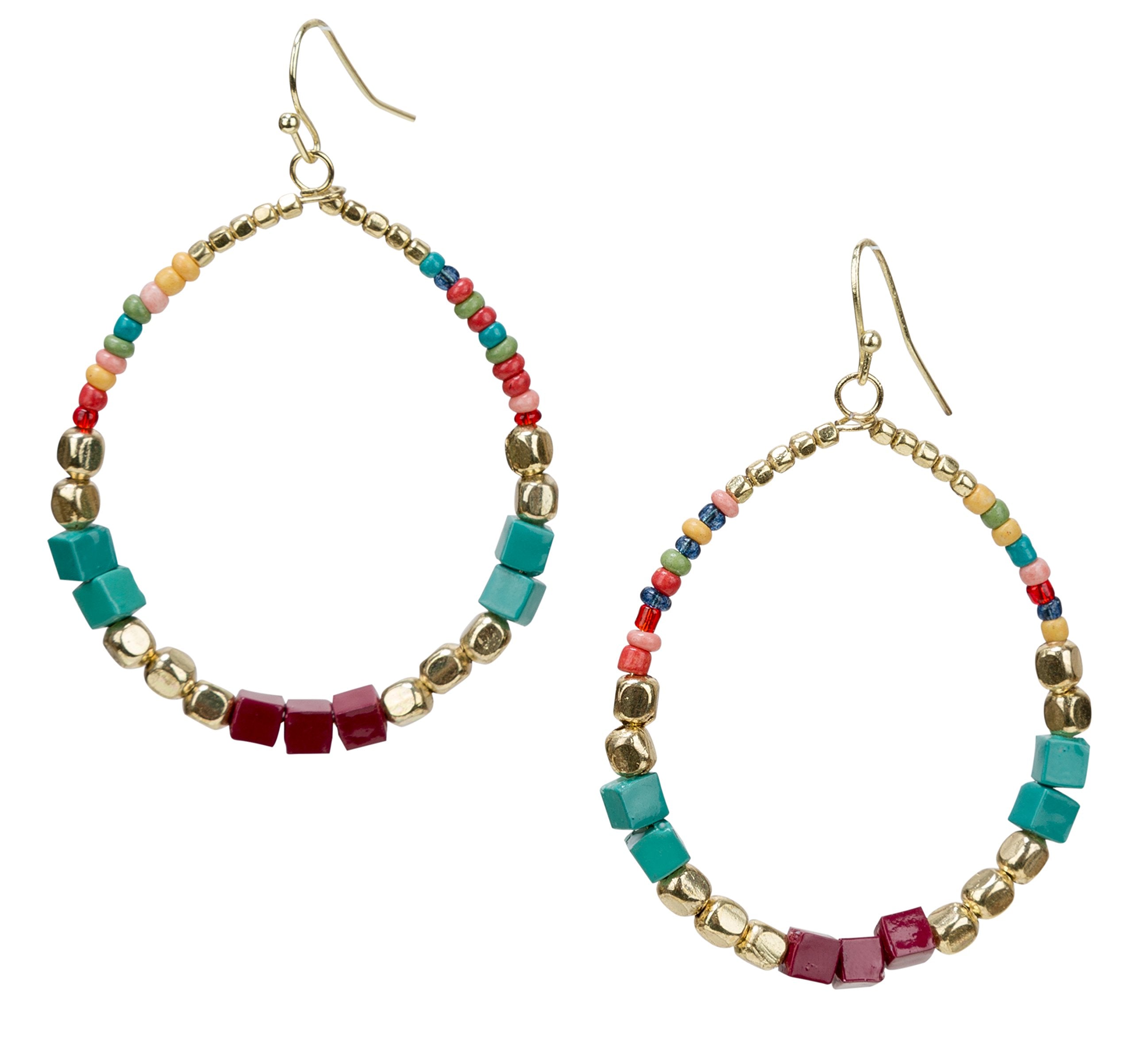SPUNKYsoul presents "Zura" Bohemian Multi-Colored Cube Beaded Hoop Earrings for Women (Teal/Red/Cube)