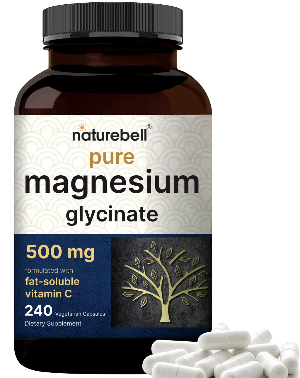 Naturebell Pure Magnesium Glycinate 500mg, 240 Veggie Capsules | 100% Chelated & Purified – 3rd Party Tested, Vegan Friendly, Non-GMO