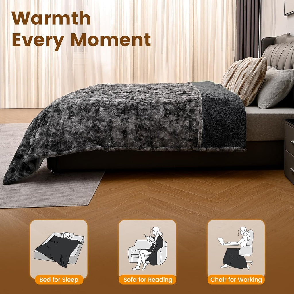 Bearhug Heated Blanket Full Size 77"x 84", Marble Black Electric Blanket, Reversible Faux Fur & Sherpa, 10 Heating Levels & 1-12H Auto Off, Over-Heat Protect, ETL, Washable Heated Blanket