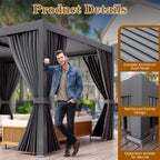 LEVELEVE 10' x 20' Louvered Pergola with Adjustable Roof, Outdoor Metal Patio Gazebo with Curtains & Netting, Gutter System, Large Hardtop Canopy for Garden, Deck, Backyard