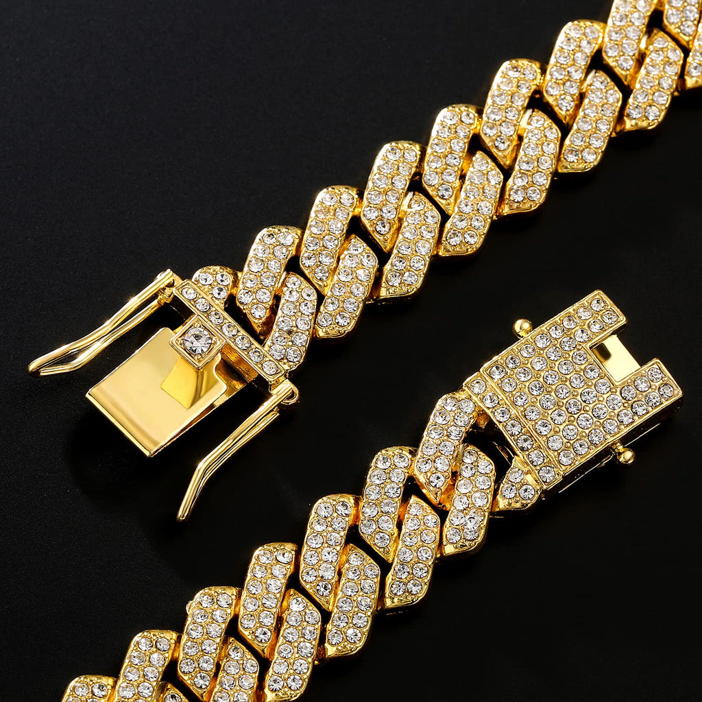 JUNVirtuous 2 Pieces Cuban Link Chain Mens Iced Out Miami Cuban Necklace and Bracelet Silver Bling Diamond Hip Hop Jewelry for Men and Women (Gold, 8" Bracelet and 20" Necklace)
