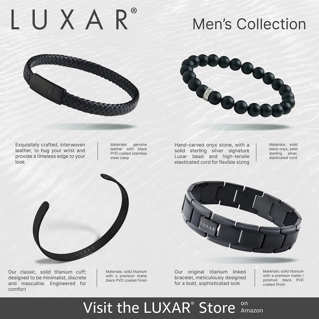 LUXAR Men’s Black Onyx Stone Bead Bracelets | Matte Black 8mm Stone | Minimalist, Designer Jewelry for Men (Black Leather, Medium)