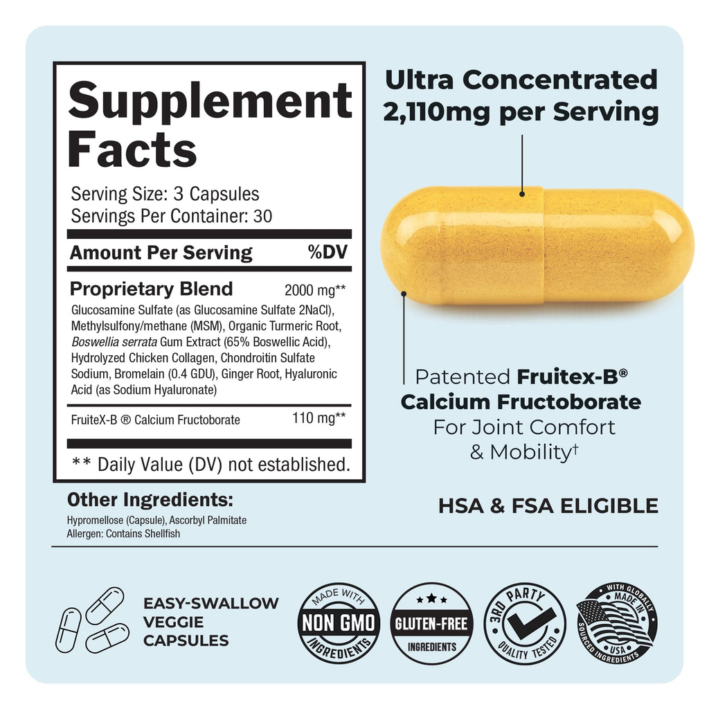 Glucosamine Chondroitin MSM Joint Support Supplement - Collagen Peptides, Turmeric and Ginger, Hyaluronic Acid, Glucosamine Chondroitin Sulfate for Joint Comfort - Gluten Free, Non GMO, 90 Capsules