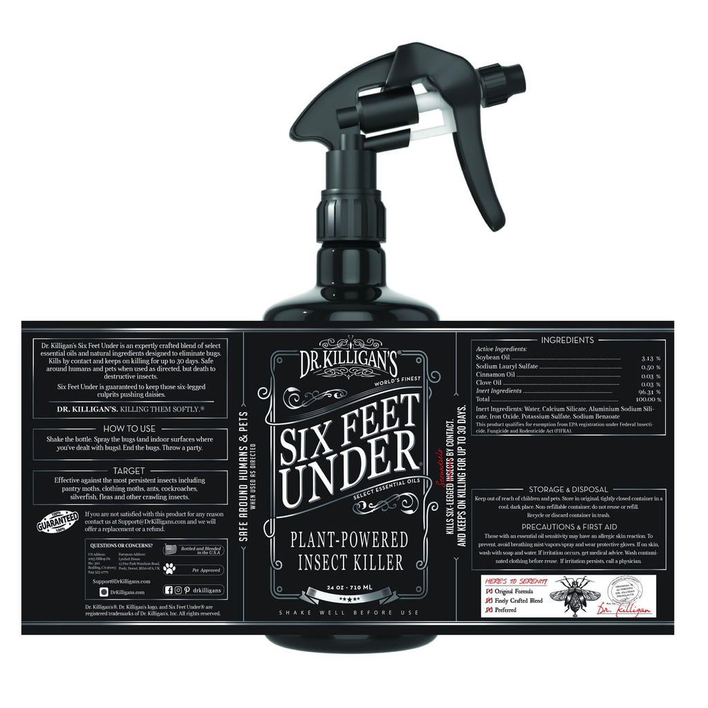 Dr. Killigan's Six Feet Under Plant Powered Insect Killer Spray | Indoor Natural Pest Control | Fleas, Pantry & Clothing Moths, Ants, & Cockroaches | Family Friendly, Pet Safe (24 oz)