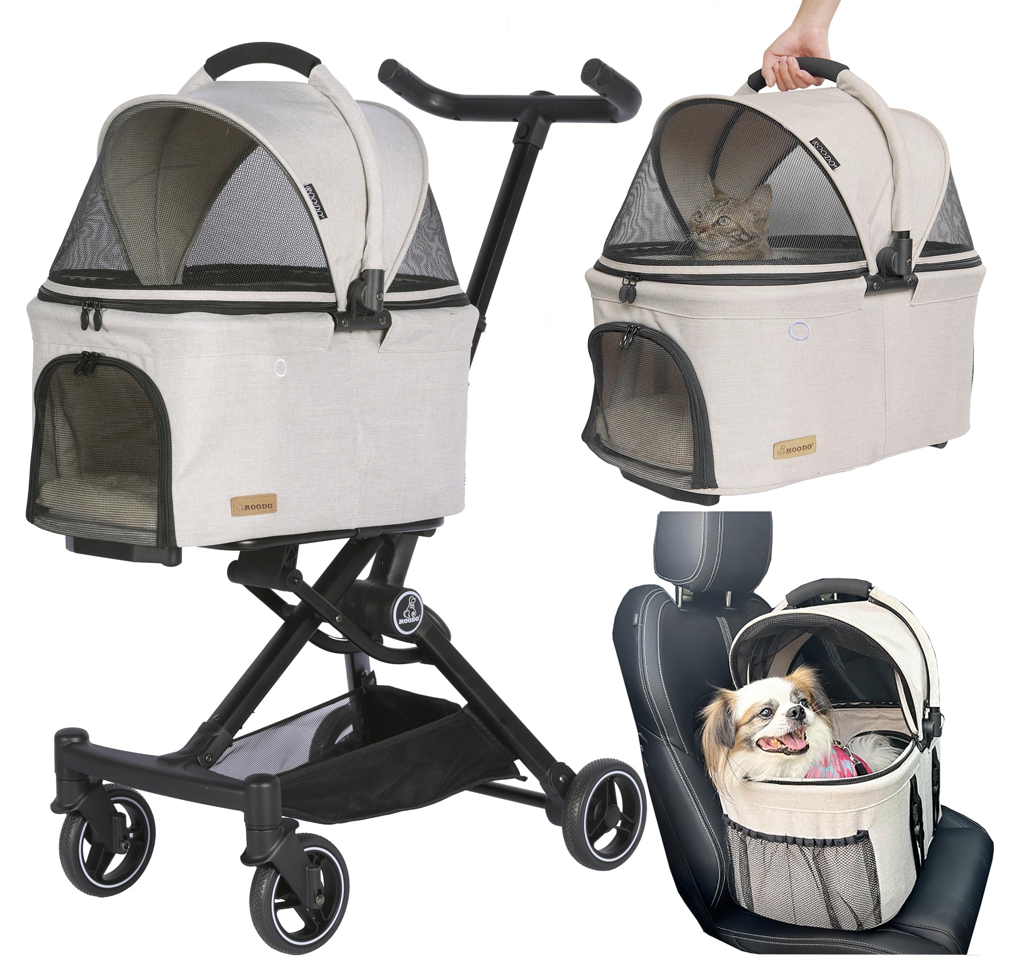 ROODO 2026 Upgraded Version 3 in 1 Dog Cat Stroller with Detachable Carrier Lightweight Folding Portable All Terrain Pet Travel System Puppy Kitty Doggie Bunny Stroller for 30lbs(Light Khaki)