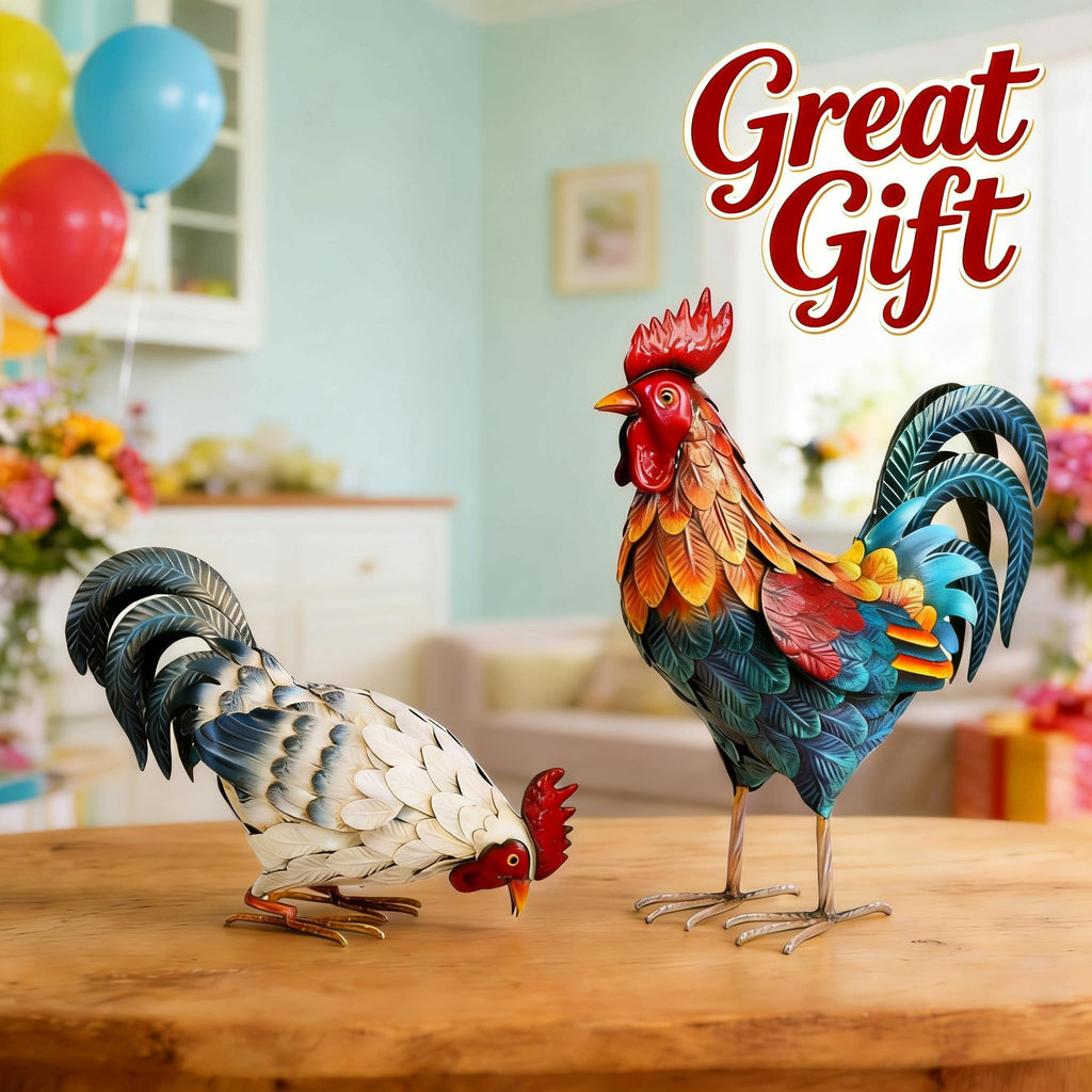 Shorayn Metal Rooster Statues, Outdoor Garden Metal Chicken Decor, Garden Sculptures Chicken Ornaments Yard Art for Backyard Patio Lawn Decorations, Set of 2