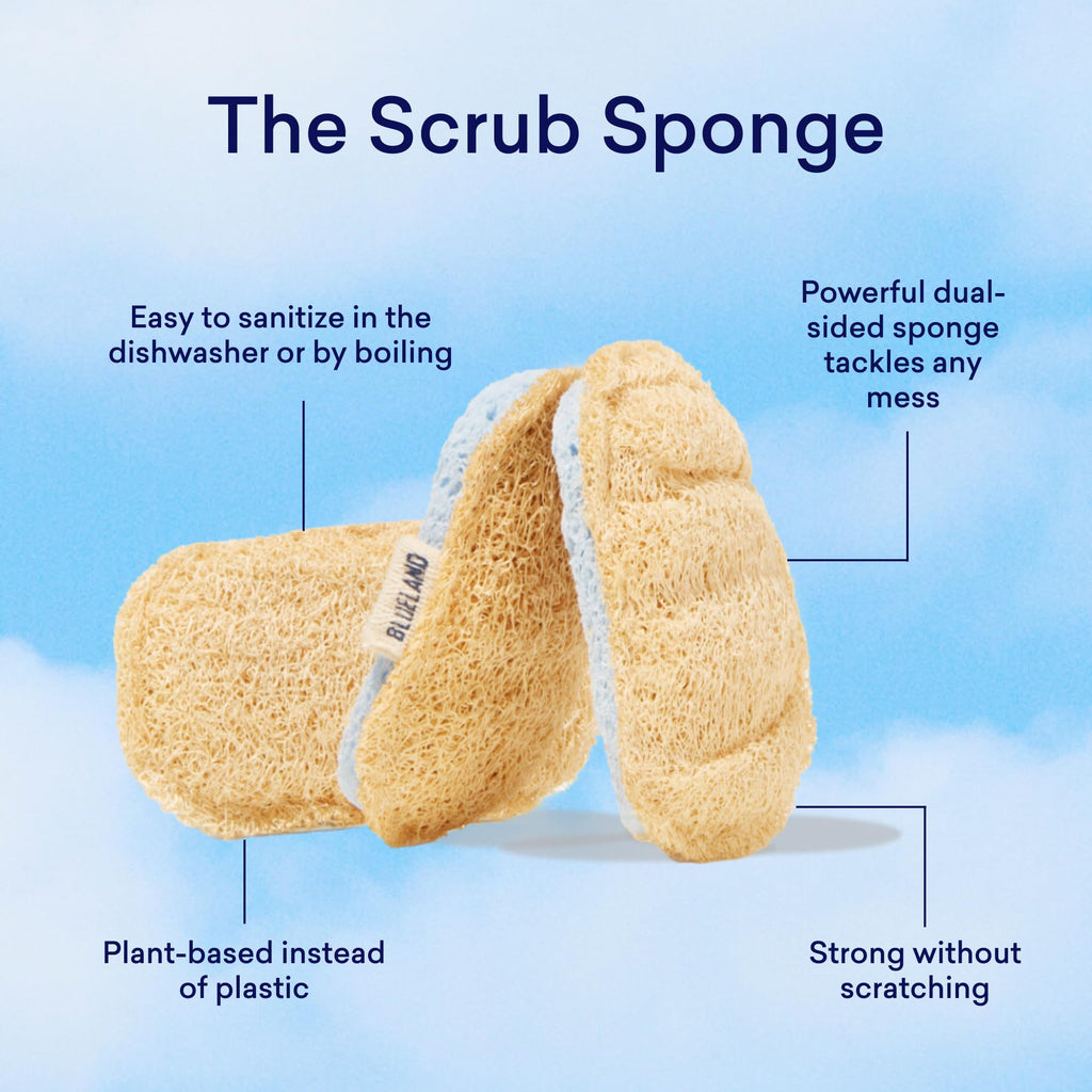 BLUELAND Scrub Sponge, 3-Pack, Dual-Sided Dish Loofah, Plastic-Free, Plant-Based Kitchen Scrubbing Non-Scratch