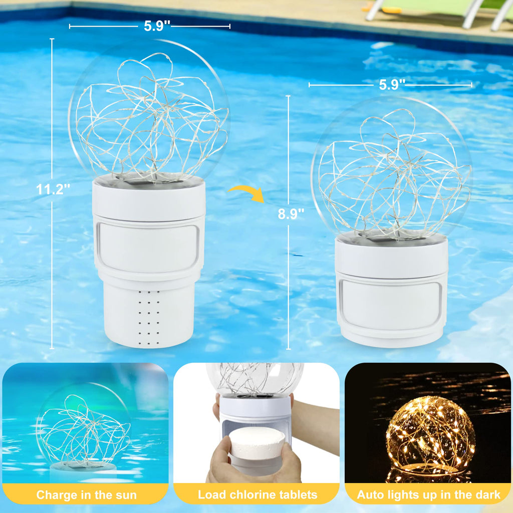 DeeprBlu Pool Chlorine Floater with Solar Ball Light, Floating Chlorine Dispenser for 3'' Chlorine Tablets, Chlorine Tablet Floater Chemical Dispenser Easy Opening, Bromine Tablet Holder for Pool, Spa