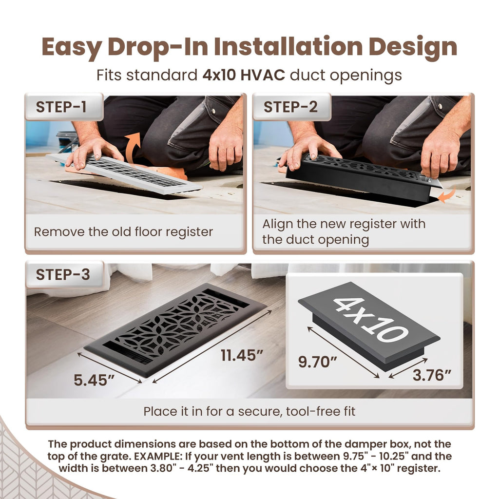 Floor Vent Covers – 4x10 Floor Register – 8 Pack – Heavy-Duty Steel, Rustproof & Walkable Grates, Drop-in Install, Adjustable Airflow – Decorative Floral Design, Textured Black