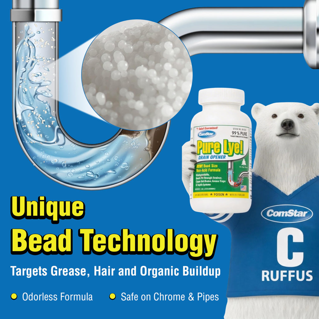 ComStar Pure Lye 2 lb - Unique Sodium Hydroxide Beads | Drain Opener & Soap Making | Biodegradable, Eco-Friendly (30-504)