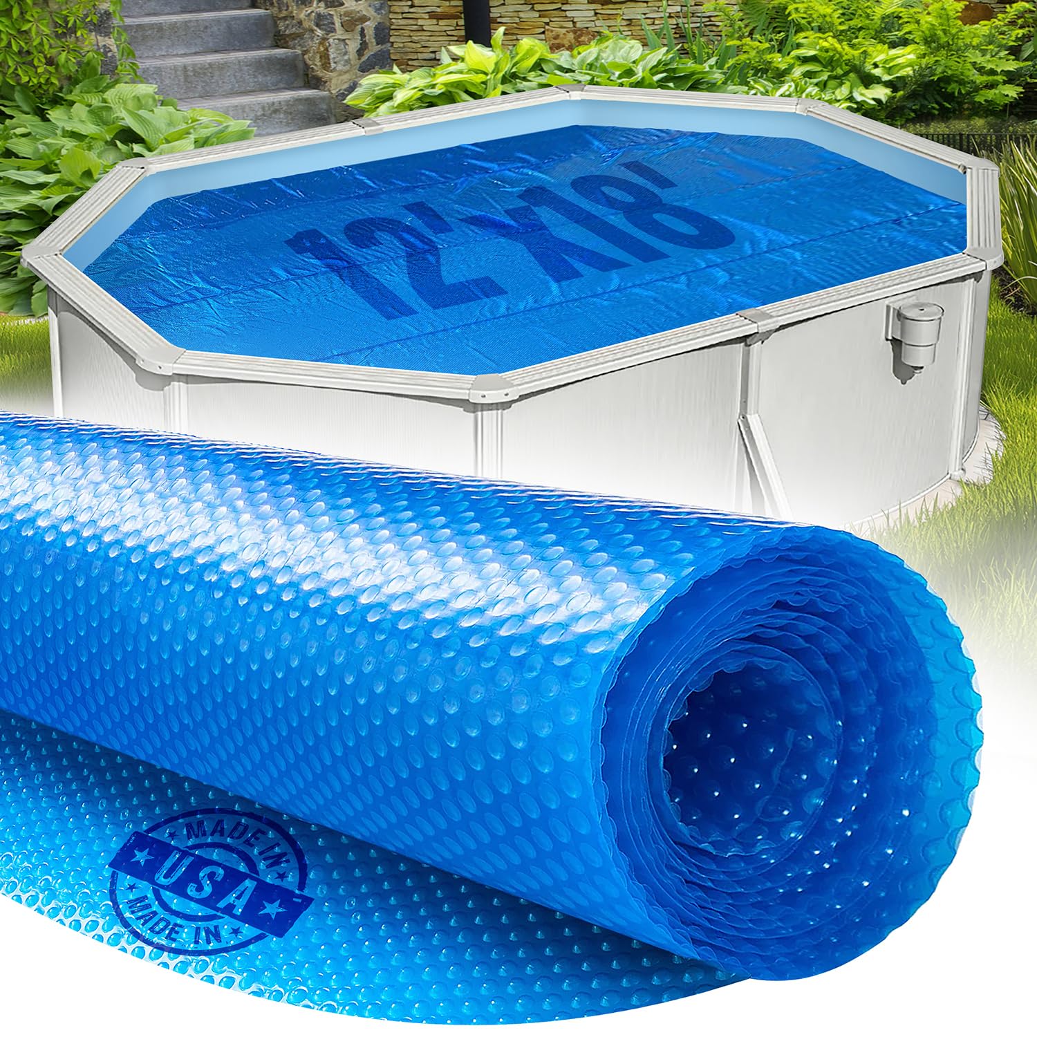12' x 18' Oval Solar Cover for Inground and Above Ground Pools, 12 Mil - Premium Heavy Duty Solar Blanket for Above Ground Pool, Blue - Made in USA