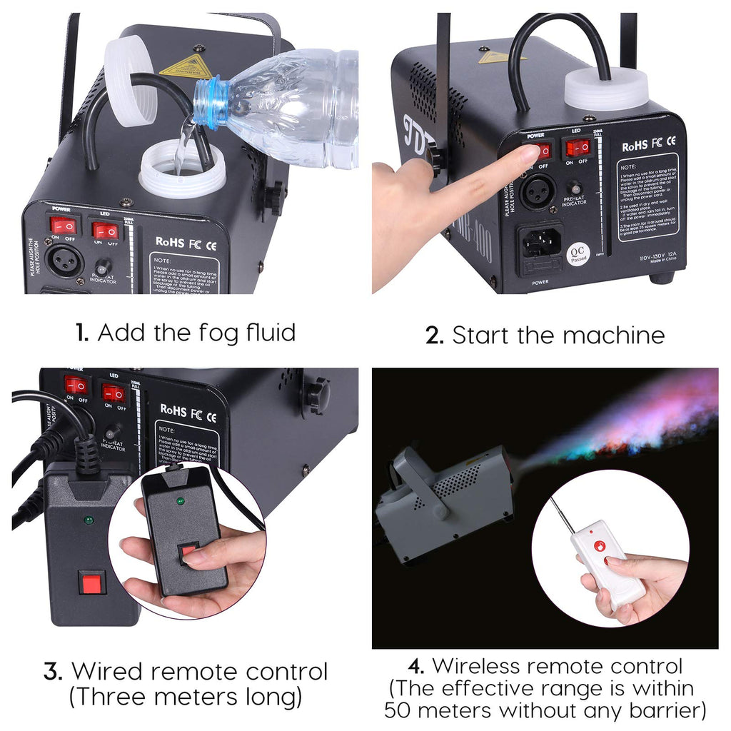 Fog Machine JDR Smoke Machine Controllable LED Light 500W and 2000CFM Fog Disinfection with Wireless and Wired Remote Control for Weddings, Halloween,Parties or Disinfection with Fuse Protection