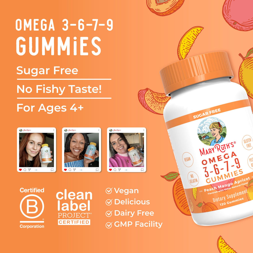 MaryRuth Organics Vegan Omega 3 6 7 9 Gummies | Up to 4 Month Supply | Omega 3 Supplement with Flaxseed Oil | Omega 3 Gummies | No Fish Taste | Non-GMO | 120 Count