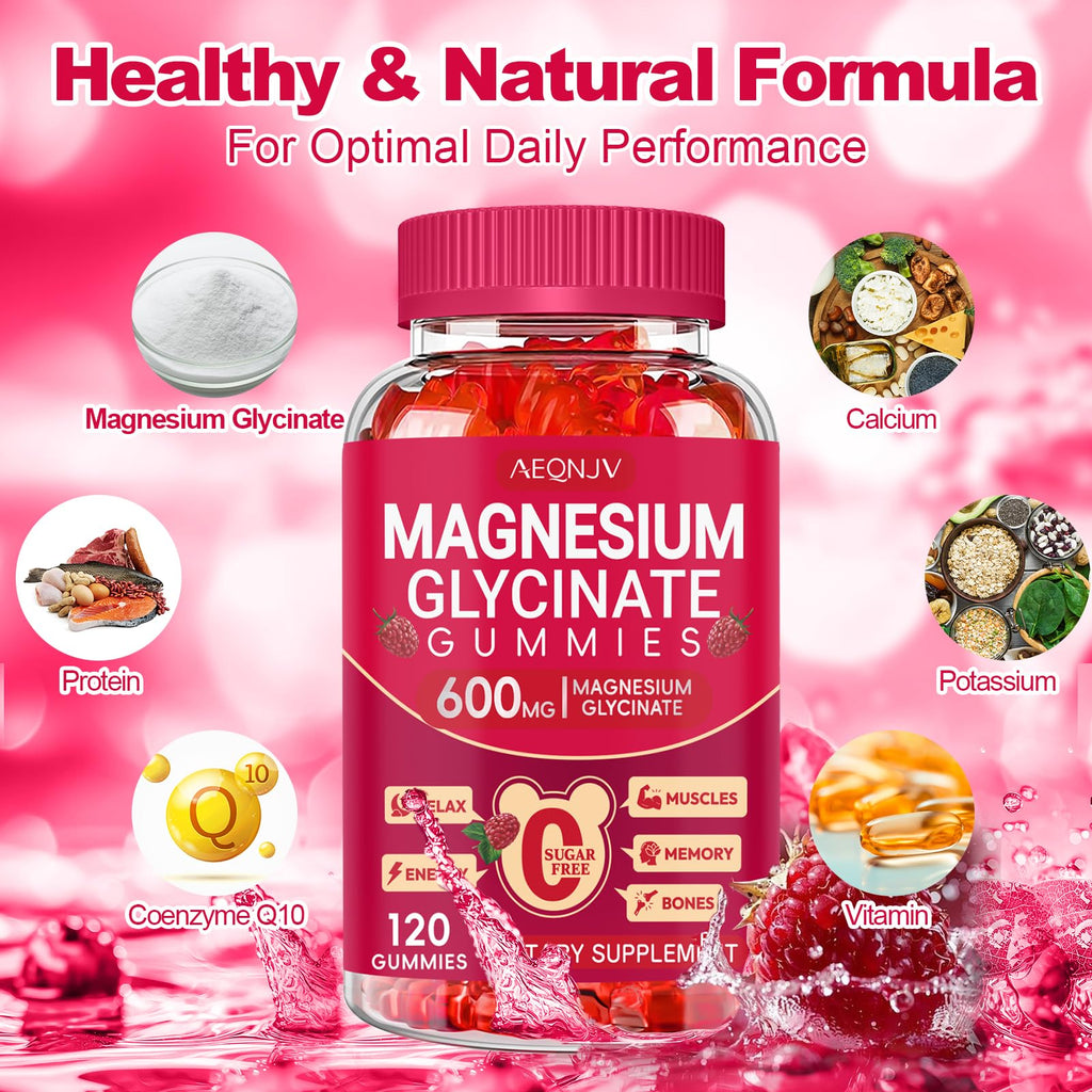 Magnesium Glycinate Gummies 600mg, Sugar Free Magnesium Gummies for Adults, Chewable Potassium Supplements for Body Support, Zzz and Relaxation, 120 Count