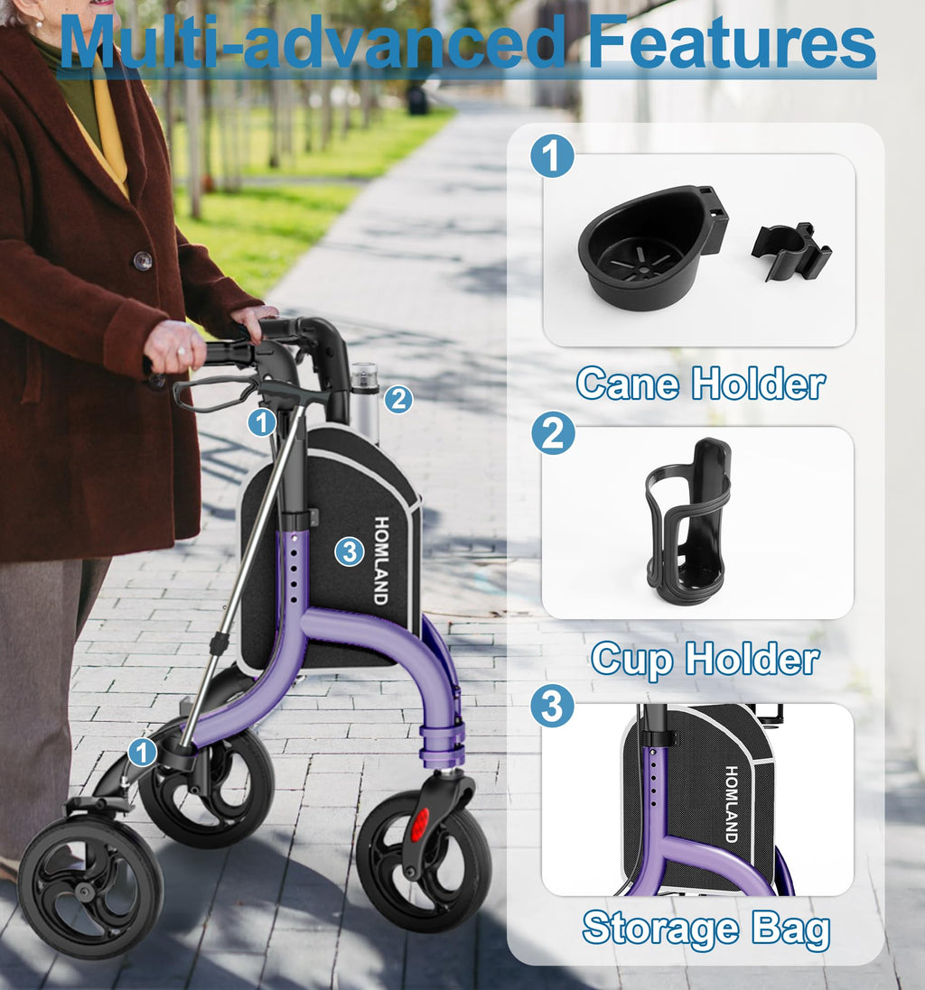 HOMLAND 3 Wheel Walkers for Seniors, Foldable Wheeled Rollator with Cane Hold and Cup Hold, Lightweight Three Wheel Rolling Walker Height Adjustable for Seniors