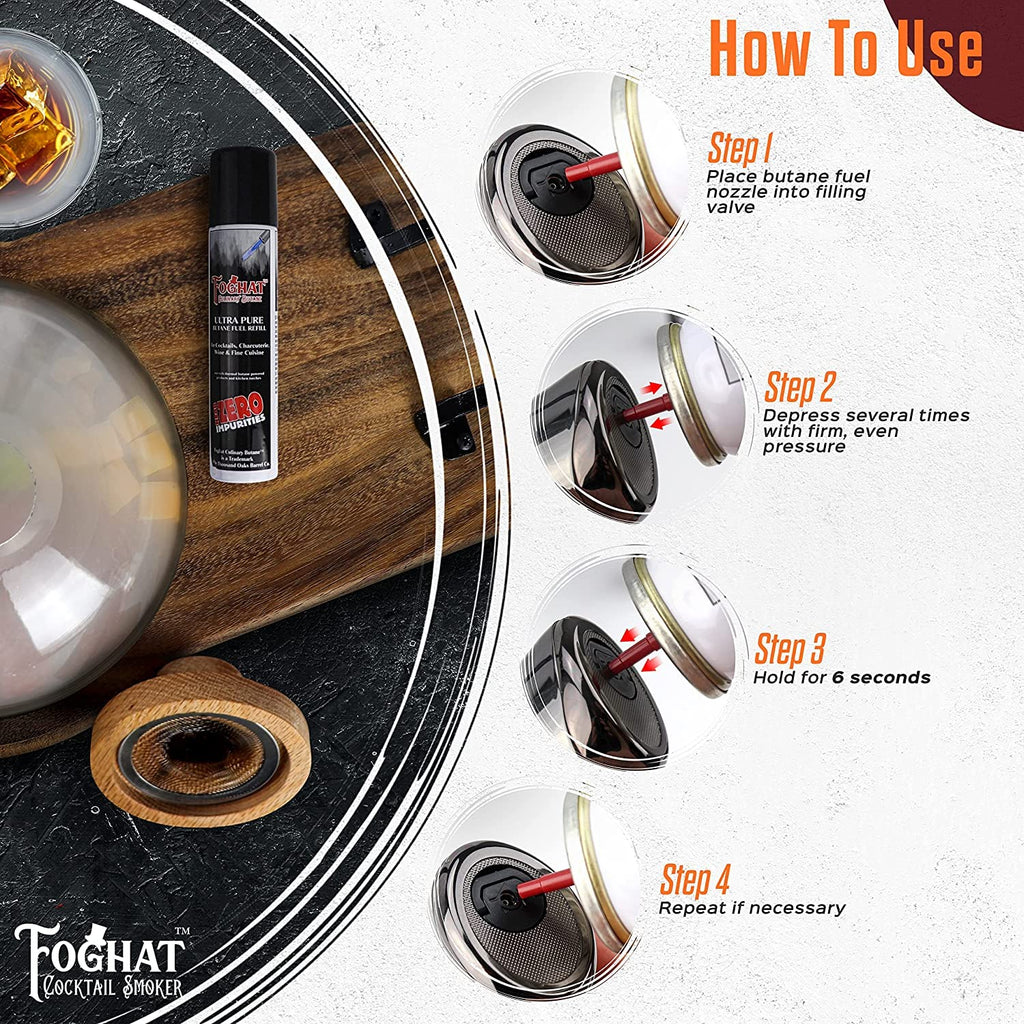 Foghat Culinary Butane Fuel Refill (3 x 60ml) - Torch Lighter Butane Refill Canister, Fits All Kitchen Smoking Torches - Food Grade Ultra Refined For Cocktail Smoker Kit, Creme Brulee Torch