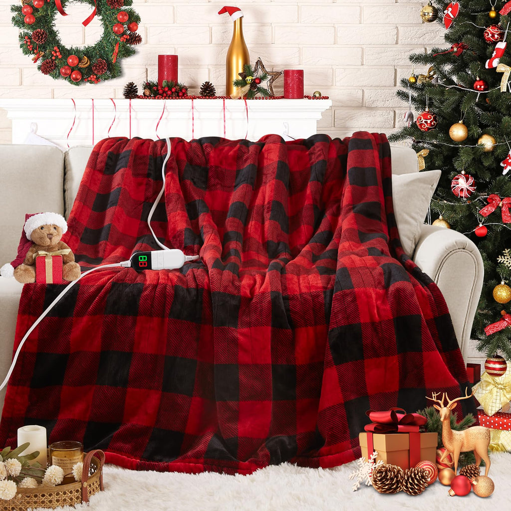 Electric Heated Sherpa Buffalo Plaid Christmas Throw 8 Heating Levels