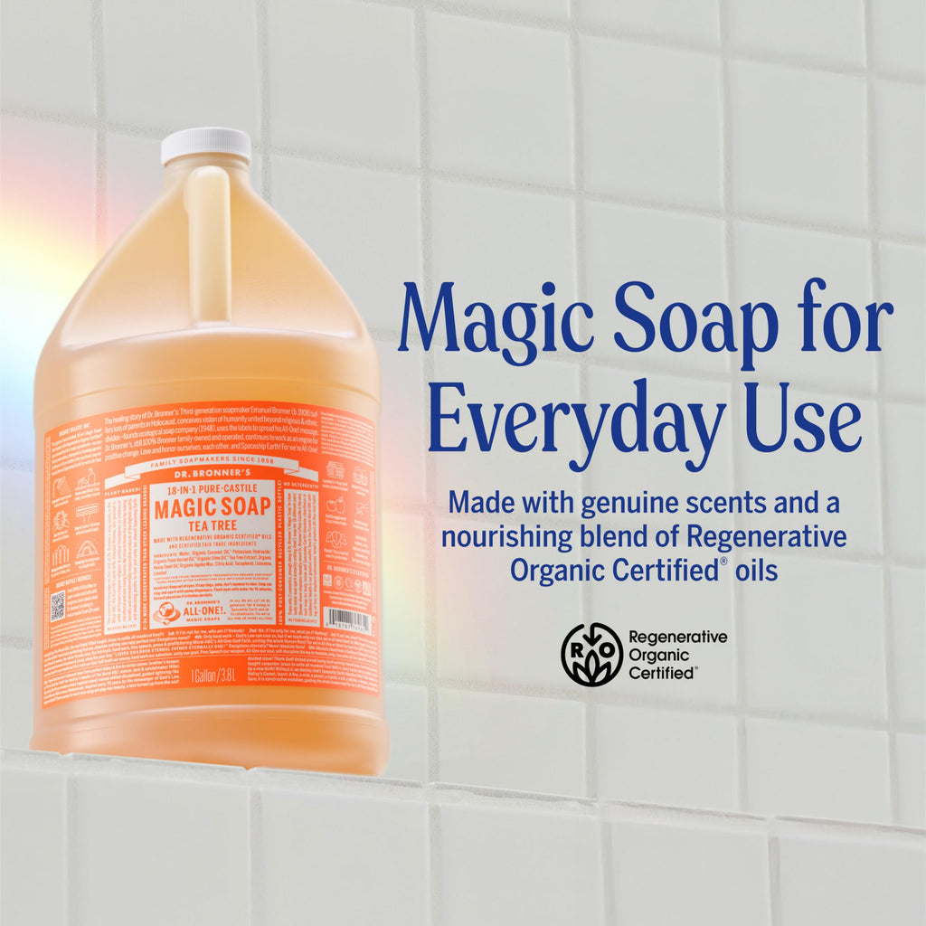Dr. Bronner's Pure-Castile Magic Soap Liquid (Tea Tree, 1 Gallon) – Made with Regenerative Organic Oils, 18-in-1 Uses for Face, Hair, Laundry, Dishes, Hand Soaps & Body Wash – Natural, Vegan, Non-GMO
