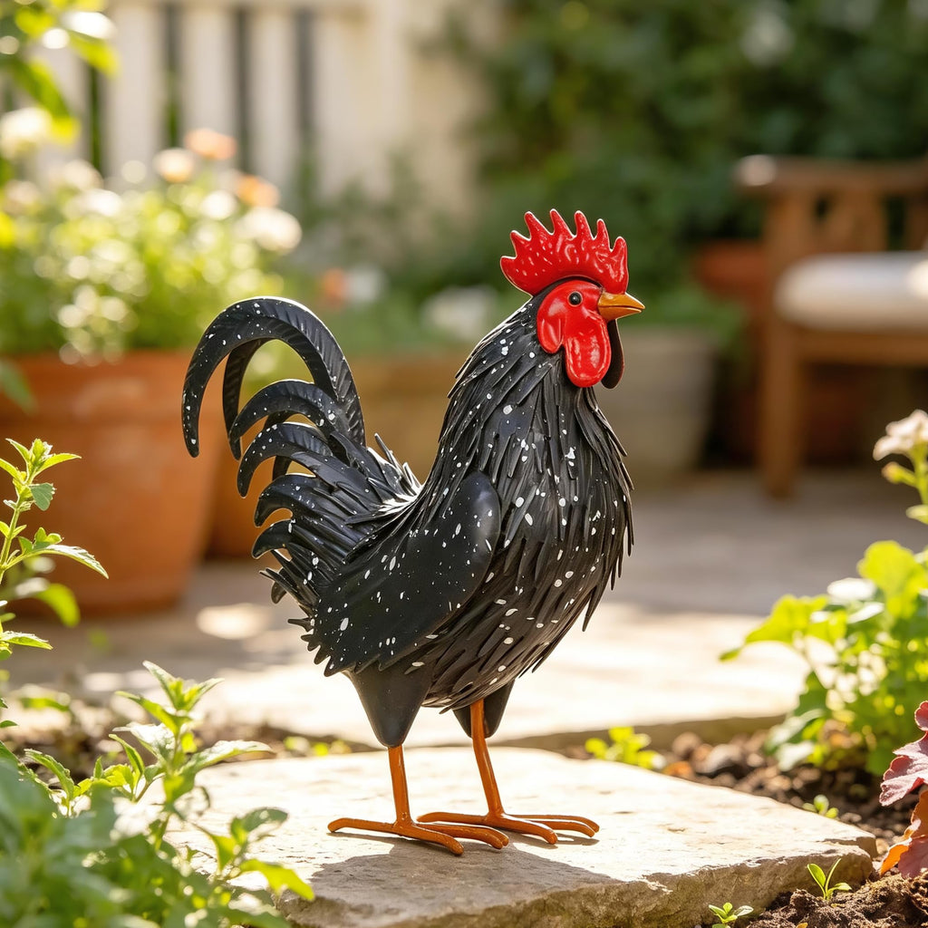 Ratuor Rooster Garden Statue Sculpture Metal Chicken Yard Decor Outdoor Figurines Patio Backyard Decoration (Black)
