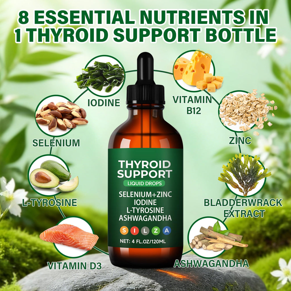 Crobirware Thyroid Support Complex Liquid Drops for Women & Men - High Potency Iodine, Zinc, Selenium & Ashwagandha for Cortisol & Stress Relief - Natural Metabolism & Energy Booster - 4 oz (120ml)