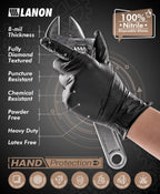 LANON Protection Heavy Duty Black Nitrile Gloves, Food Safe, Latex Free, Powder Free, Mechanic, Fully-Diamond Textured Grip Industrial Disposable Gloves, 8mil, Small