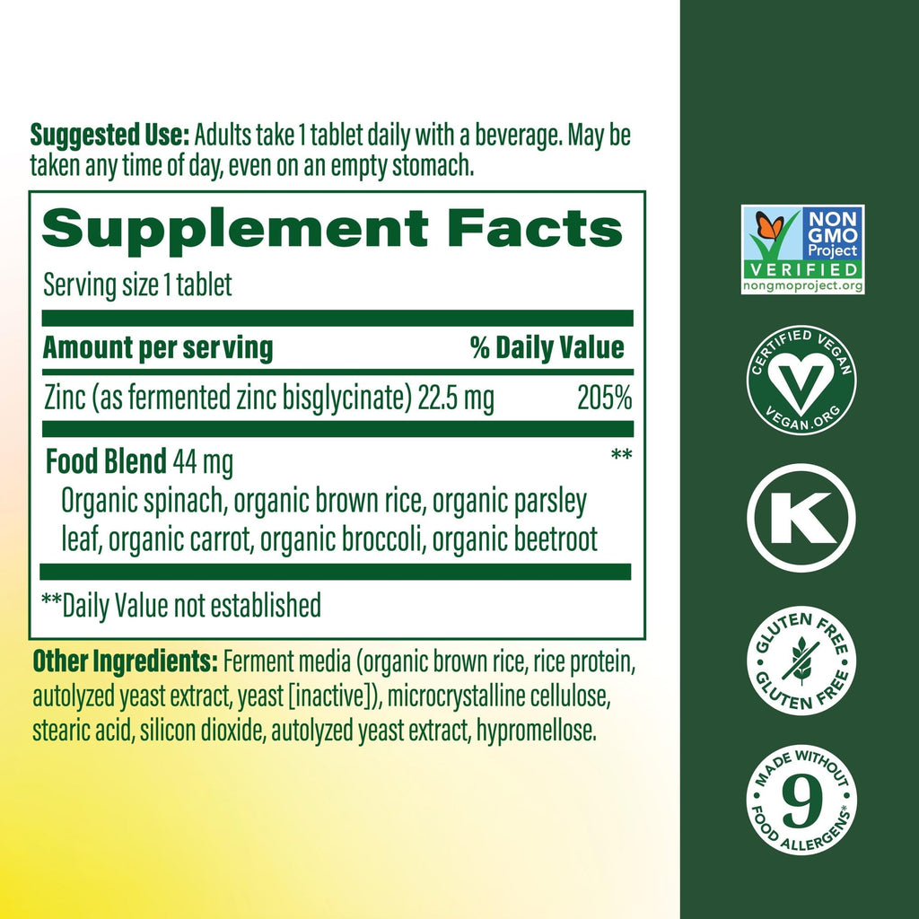 MegaFood Zinc Supplements for Women & Men - Vegan Immune Support Supplement with 22.5 mg High Potency Fermented Zinc Tablets - Made with Real Food - 120 Tablets, 120 Servings
