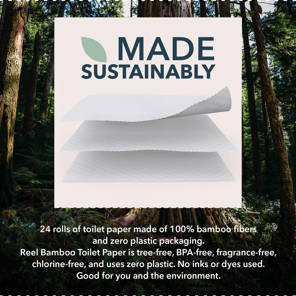 Reel Premium Bamboo Toilet Paper - 12 Rolls of Toilet Paper - 3-Ply Made From Tree-Free - Zero Plastic Packaging, Septic Safe