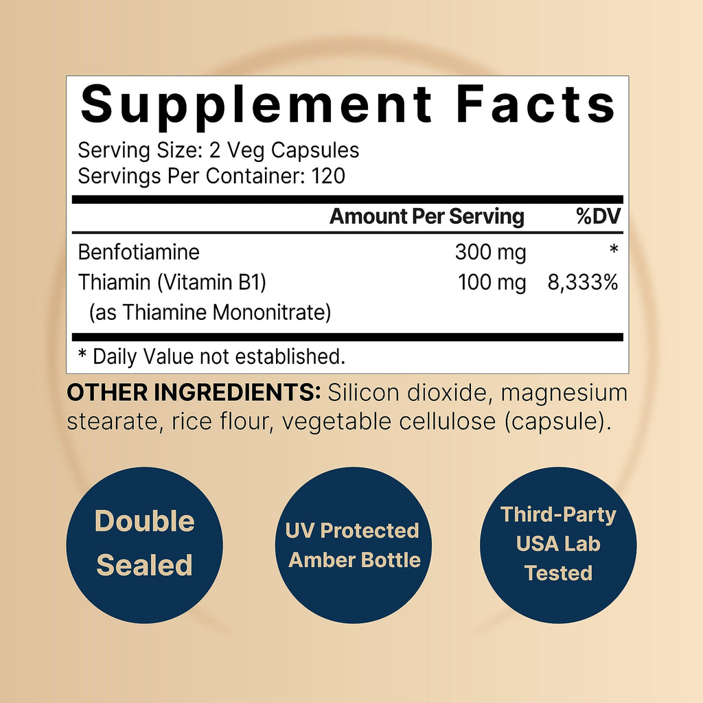 NatureBell Benfotiamine with Thiamine - 240 Vegetarian Capsules - 300mg Benfotiamine & 100mg Thiamine - for Heart Health, Energy Production & Nervous System Support* - Vitamin B1 Complex