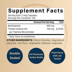 NatureBell Benfotiamine with Thiamine - 240 Vegetarian Capsules - 300mg Benfotiamine & 100mg Thiamine - for Heart Health, Energy Production & Nervous System Support* - Vitamin B1 Complex