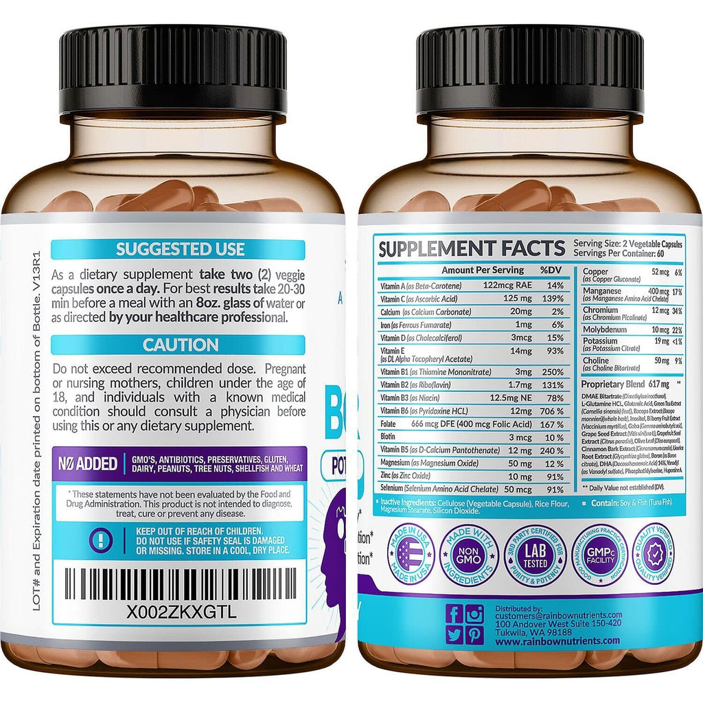 40-in-1 Brain Booster Supplements for Memory, Focus, Clarity, Energy, Performance | Natural Nootropic Brain Support Supplement with DMAE, Bacopa Monnieri & More | For Men & Women | 120 V Capsules