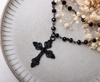 Layered Black Beaded Cross Choker, Goth Gothic Emo Punk Grunge Necklace