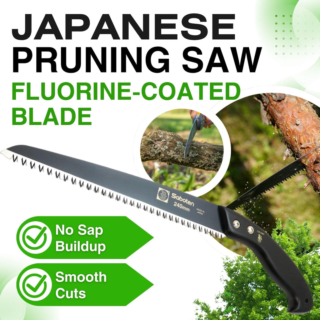 Saboten Japanese Pruning Saw 9.4 in (240mm) – Fluorine-Coated High-Carbon Steel Blade, 7.5mm Tooth Pitch, Smooth Pull Cuts, Wooden Handle, Wood Sheath Included, Made in Japan