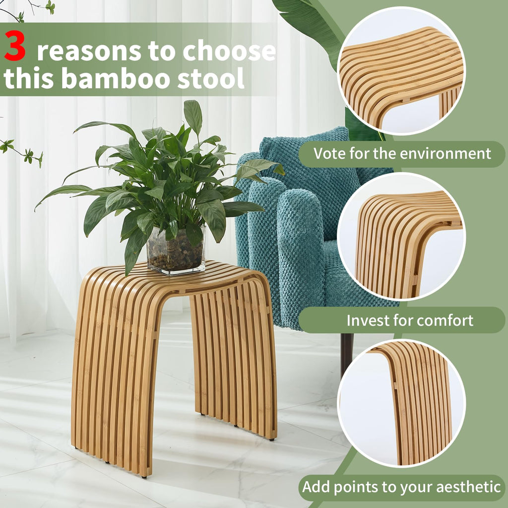 Bamboo Shower Bench, Non-Slip Shower Stool & 286 lbs, Waterproof Bathroom Stool Spa Bath Seat, Natural Bamboo Stool, Suitable for Multiple Settings: Bathroom, Bedroom, Dining room and Living room