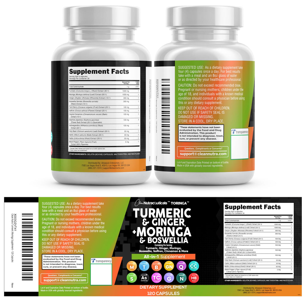 Turmeric Moringa Supplement | Ginger Boswellia Saffron - Supplement for Women and Men with Ceylon Cinnamon, Tart Cherry, Quercetin Garlic Nettle Holy Basil - 5Pack