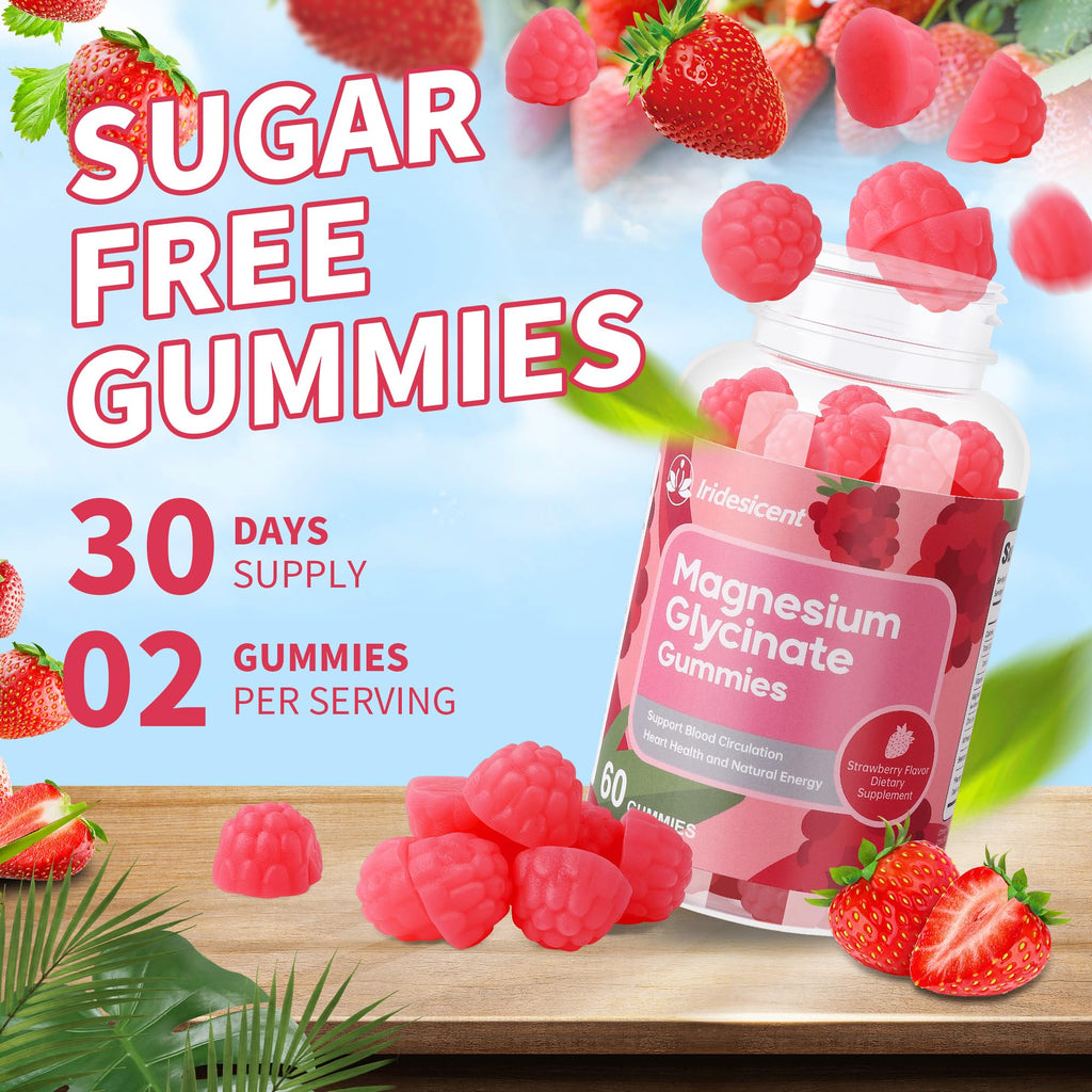 IRIDESICENT Magnesium Glycinate Gummies 400mg, Sugar Free Magnesium Supplement w/Ashwagandha, Zinc, Vegan Magnesium Glycinate Supplement for Adults - 120 Strawberry Gummies