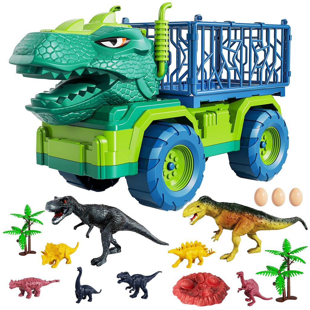 TEMI Dinosaur Truck Toys for Kids 3-5 Years, Tyrannosaurus Transport Car Carrier Truck with 8 Dinosaur Figures, Activity Play Mat, Dinosaur Eggs, Trees, Capture Jurassic Play Set for Boys and Girls