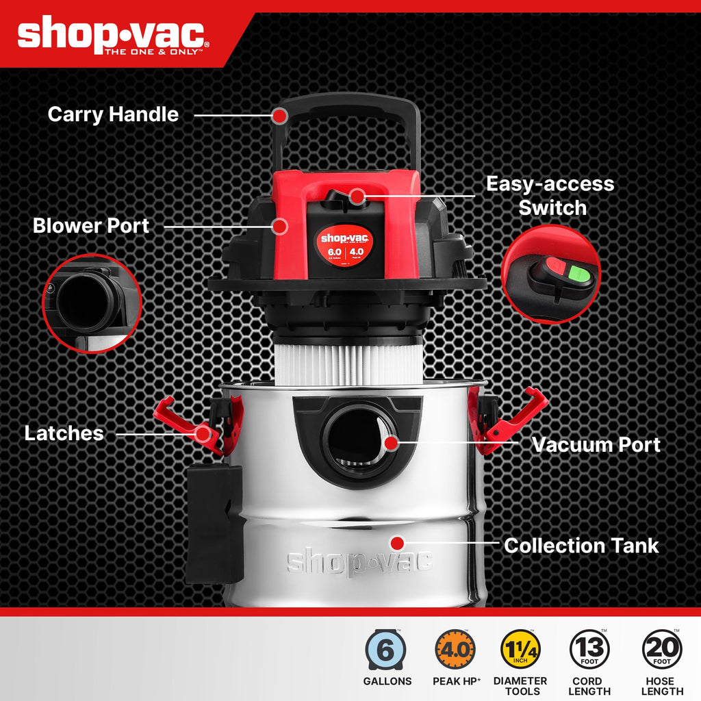 Shop-Vac 6 Gallon 4.0 Peak HP Wet/Dry Vacuum, Wall Mountable Shop Vacuum
